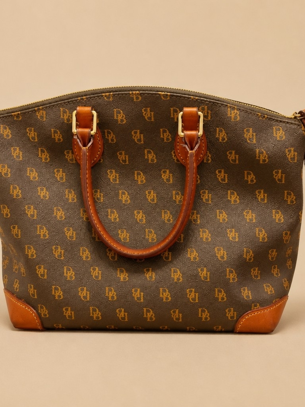 Dooney & Bourke Signature DB Monogram Satchel Brown Cognac Leather Trim - Picture 10 of 16